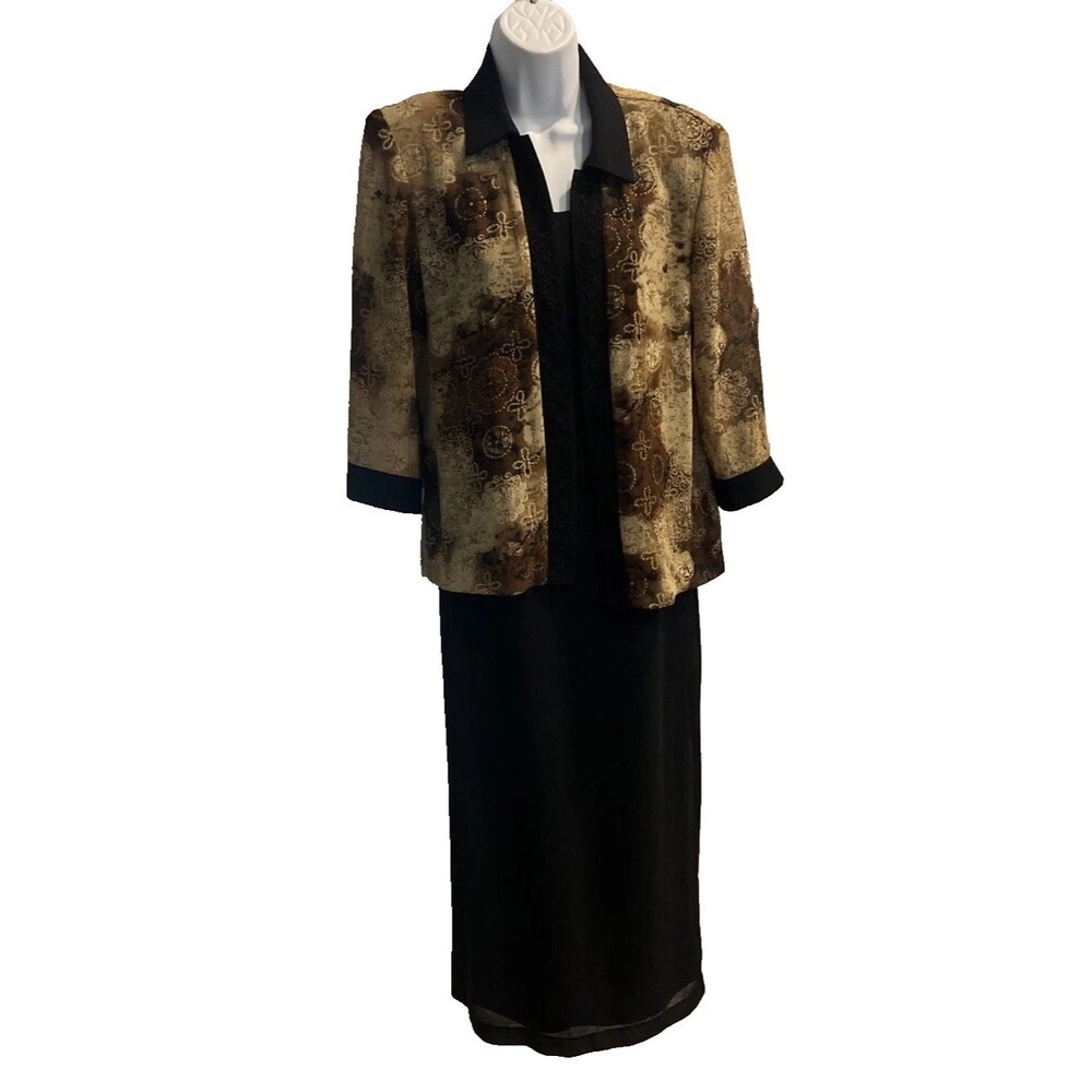 Vintage R & M Richards Karen Kwong 2-Piece Black Maxi Dress w/Sheer Jacket Sz 8
